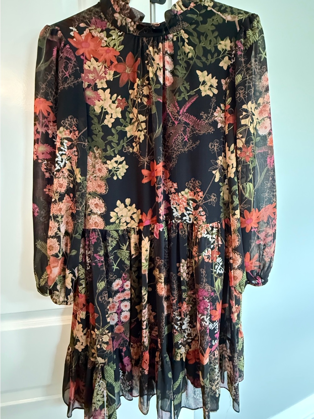 Black Floral Long-Sleeve Tiered Mini Dress